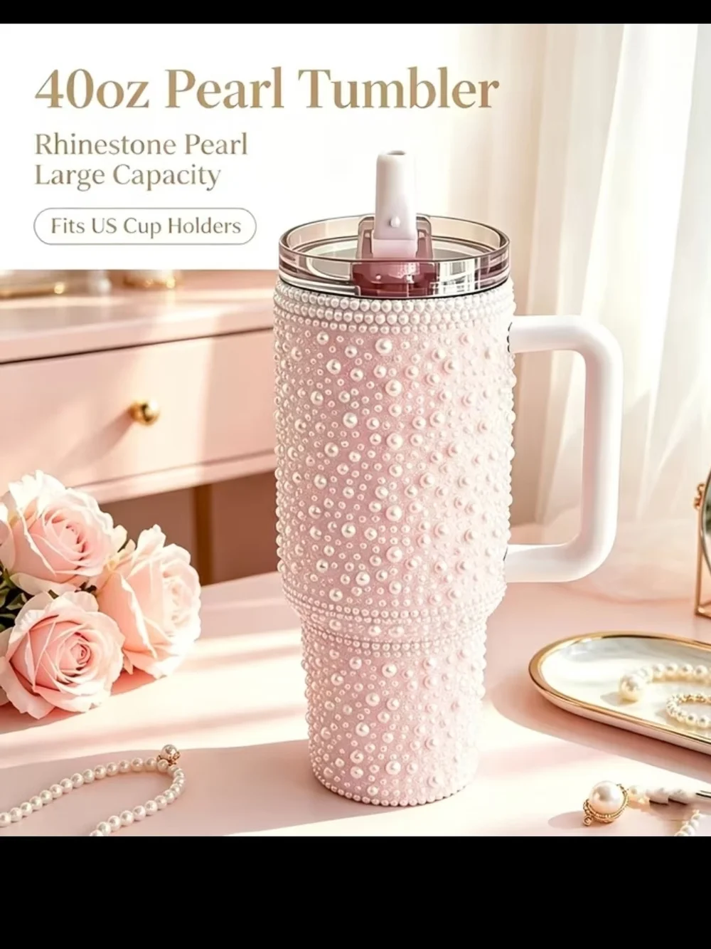 Pearl Rhinestone 40oz Tumbler with Handle - Pink and White